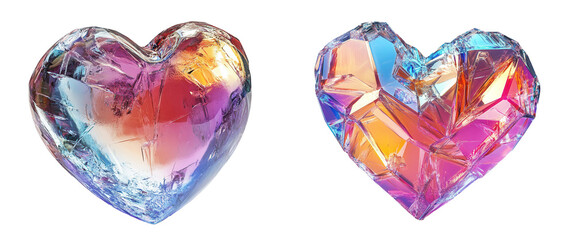 Two colorful crystal hearts with vibrant reflections and textures, isolated on transparent or white background