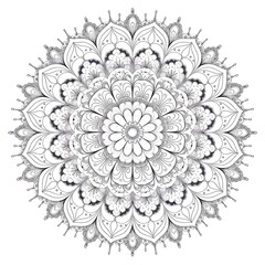Intricate Black and White Mandala with Symmetrical Floral and Geometric Patterns, Detailed Petal Motifs, and Ornamental Flourishes