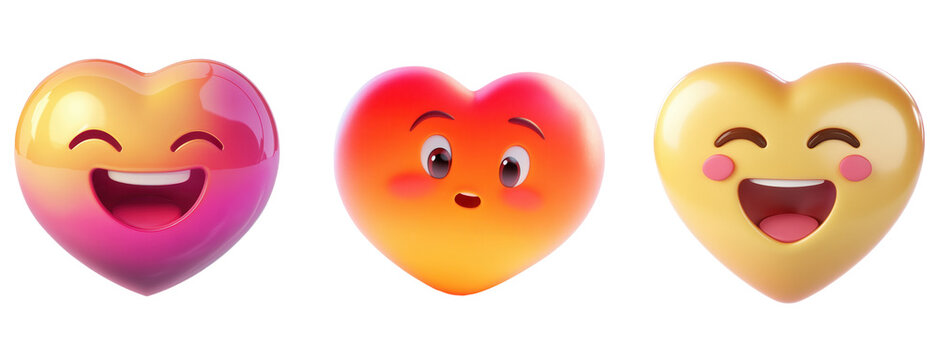 Three colorful heart emojis expressing various emotions, isolated on transparent or white background