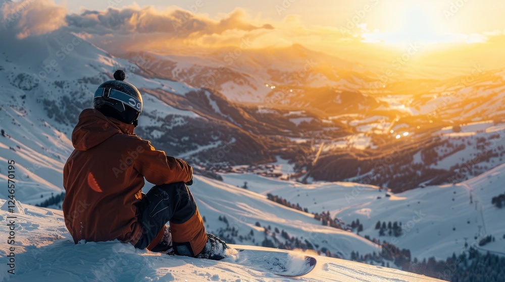 Aufkleber a snowboarder relaxes on a snowy slope as the sun sets, casting a warm glow over expansive mountain 