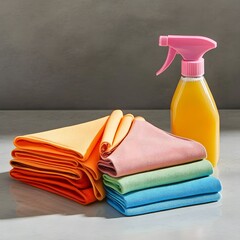 An assortment of colorful cleaning supplies and equipment, including a spray bottle, cloths, towels, and sponges, arranged on a gray background, ready for household cleaning and maintenance tasks.