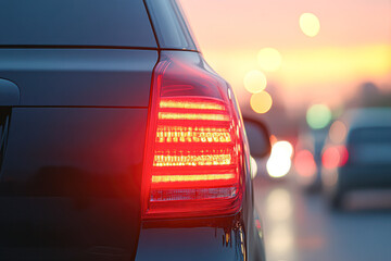 Urban sunset traffic car brake lights on a city road close-up