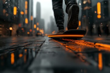 Close-Up View of Person Walking on Wet Street with Futuristic Hoverboard in Urban Setting