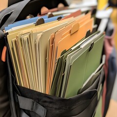 An organized and efficient filing system with various folders and documents neatly arranged on an office desk, representing organization, record-keeping.