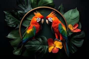 Fototapeta premium A tropical paradise with a pair of colorful birds-of-paradise perched on a branch, surrounded by exotic flora