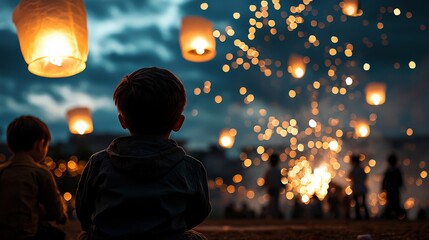 Children Watching Lanterns and Fireworks at Dusk in a Colorful Festival Celebration During Summer Evening