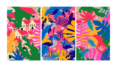 Naklejka premium Colorful flowers and leaves poster background vector illustration. Exotic plants, branches, flowers and leaves art print for beauty, fashion and natural products, spa and wellness, wedding and events 