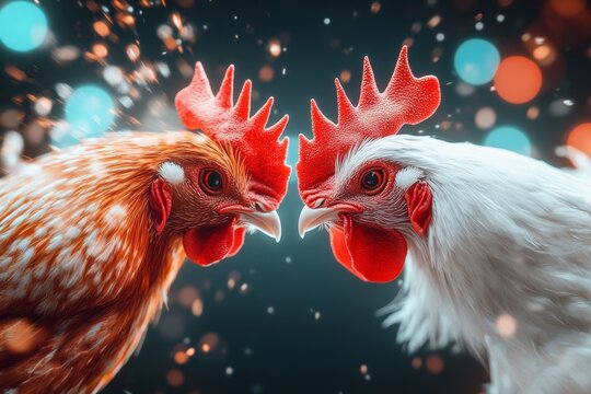 A vibrant 3D illustration of a futuristic cockfighting arena, with glowing neon accents and detailed roosters locked in combat