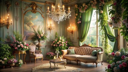 Elegant Vintage Living Room Decor with Floral Accents and Chandelier