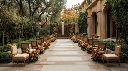 Elegant outdoor wedding ceremony with floral decorations, chairs, and beautiful garden setting in soft autumn tones