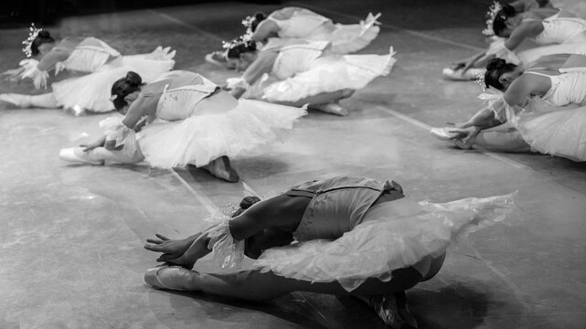 Ballerinas in white tutus gracefully stretch on a dance studio floor, captured in black and white. The Nutcracker, Bainbridge Island, USA