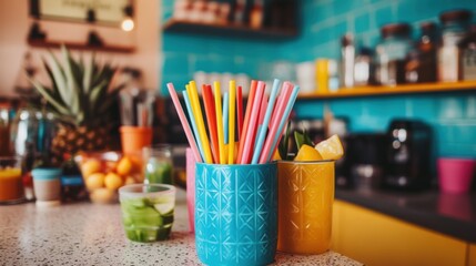 Obraz premium Colorful Straws in Bright Cups on Vibrant Kitchen Countertop