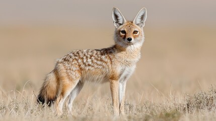 Black-backed jackal standing in savanna grassland