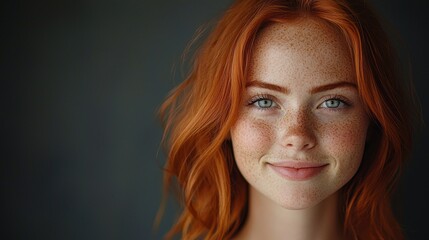 Naklejka premium A round-faced girl with radiant red hair and charming freckles smiles softly, her expressive eyes reflecting warmth and joy, set against a dark gray background
