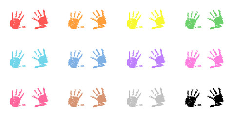 Colourful children's handprints, coloured kids palm prints isolated on a white background. Concept of happy childhood, happiness, creativity, creative imagination and friendship. Vector set for design