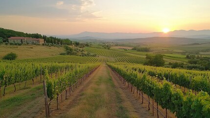Naklejka premium Scenic Vineyard Landscape at Sunset with Rolling Hills and Sunlit Grapevines in Italy's Countryside