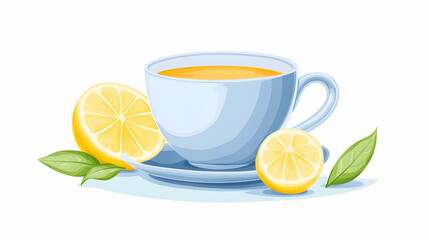 Cartoon illustration of tea cup with lemon slices and leaves.  Possible use stock photo for tea, healthy drinks, or dieting