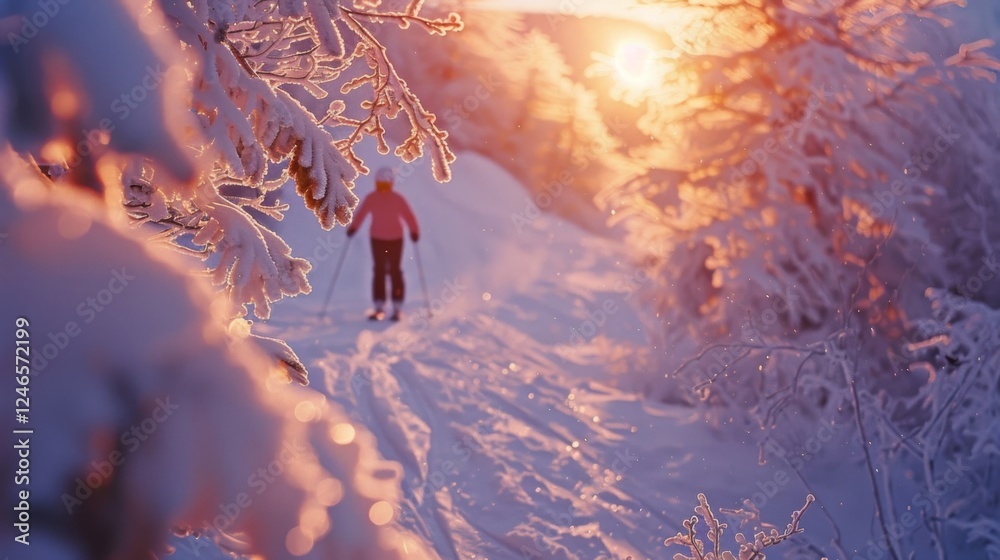Poster a skier navigates a snowy trail surrounded by frosty trees as the sun sets, casting a warm glow on t