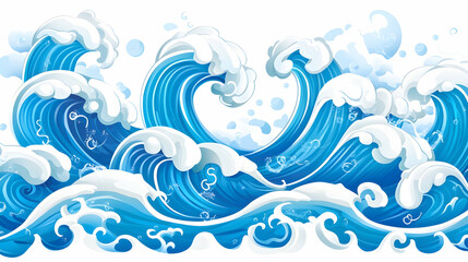 Cartoonish blue ocean waves, stylized background, decorative illustration, seamless pattern