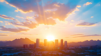 City skyline sunset view from above, mountains in background, golden hour light. Possible use for desktop background, travel, tourism