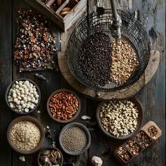 Assortment of diverse spices, nuts, seeds, herbs and dried fruits arranged on a rustic wooden background. Culinary ingredients for healthy cooking and baking.