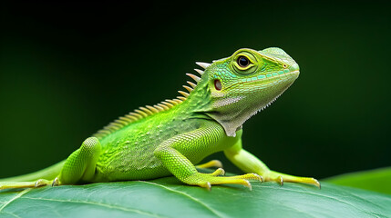 Fototapeta premium Close-up of a vibrant green lizard resting on a leaf, natural environment. Possible use Educational, scientific, nature photography