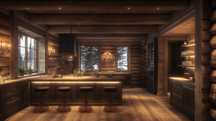 cozy, rustic kitchen with wooden interiors and warm lighting, featuring central island with bar stools, large windows, and view of snowy landscape outside