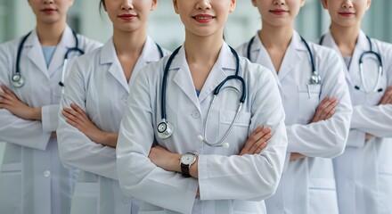 a group of professional medical doctors standing confidently with their arms crossed. They are...