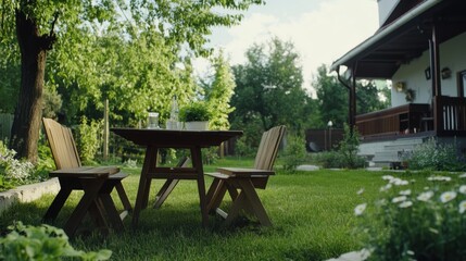 Obraz premium Tranquil Outdoor Setting with Wooden Table and Chairs in Garden