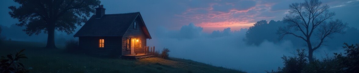 Naklejka premium Dimly lit cottage, dense fog swirls, otherworldly glow, fantasy, shadows