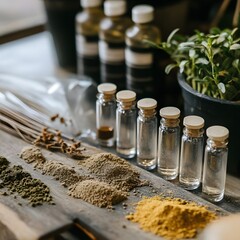 Assortment of various glass bottles and jars filled with dried herbs, spices, and botanicals arranged on a rustic wooden surface. Concept of natural, organic, and healthy ingredients for cooking.