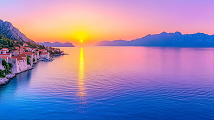 Coastal town at sunrise, colorful seascape, tranquil view, aerial shot, scenic backdrop, travel destination