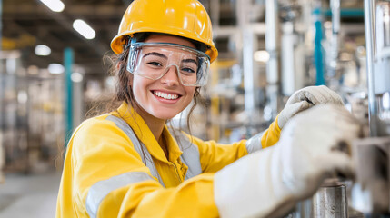 smiling woman in yellow safety uniform and hard hat works in industrial setting, showcasing safety and professionalism. She wears protective goggles and gloves, emphasizing workplace safety