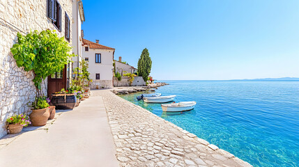 Fototapeta premium Coastal town walkway, boats, sunny day, travel destination