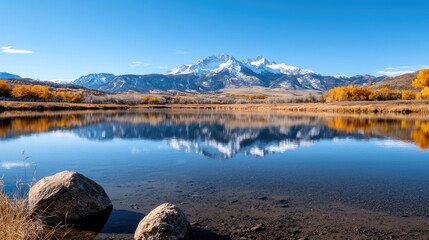 Fototapeta premium Mountain lake autumn reflection landscape, scenic view, postcard