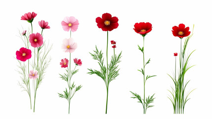 Collection of digital cosmos flowers in various colors, isolated on white background. Possible use For floral design templates, backgrounds, wallpaper, web design