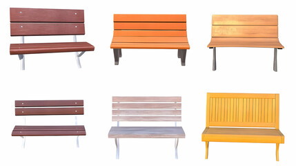Collection of colorful wooden park benches on white background. Possible use stock photography for home interior design, furniture catalogs, garden design