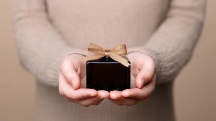 Woman's Hands Gently Holding a Gift-Wrapped Perfume Bottle