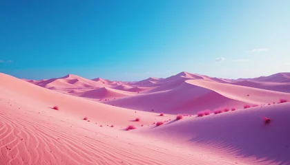 Fototapete Surreal vibrant pink desert landscape with sand dunes under a bright blue sky in a fantasy dreamlike environment background  © Fa_art