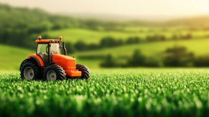 Fototapeta premium A vibrant orange tractor stands in a lush green field, illuminated by warm sunlight, showcasing a serene agricultural landscape.