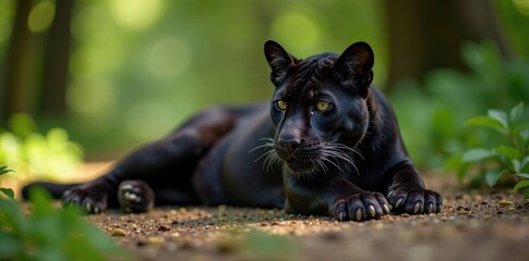 Obraz premium Panther stretched out on the ground in a languid pose, natural, environment