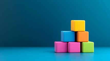 Colorful blocks pyramid on blue background.  Possible use education, children's toys, presentation
