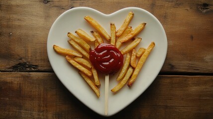 A creative presentation of French fries on a heart plate, with a touch of ketchup on an old stick