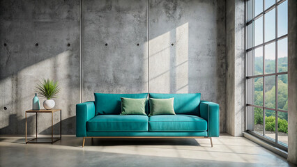 Modern Teal Sofa in a Stylish Concrete Loft Apartment