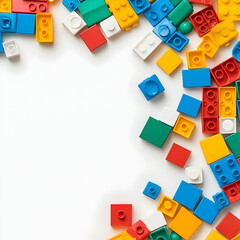 Obraz premium Colorful plastic building blocks arranged in a border on a white background. Possible use Children's educational toy background