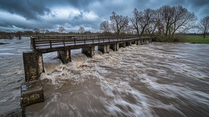 A flooded bridge submerged in muddy water rushing violently, with bleak and stormy weather overhead