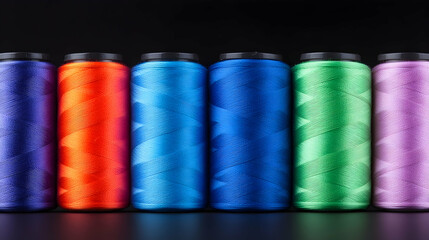 Colorful spools of embroidery thread against black background