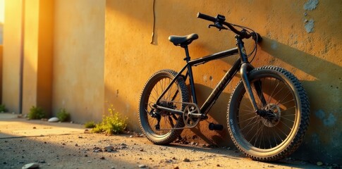 Obraz premium Dusty bike leaning against a wall, bathed in golden light, sunlight, rural