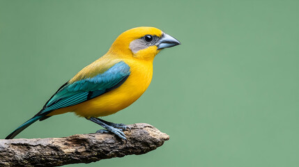 Fototapeta premium Colorful tanager perched on branch; vibrant plumage against muted background; nature photography; education/reference use