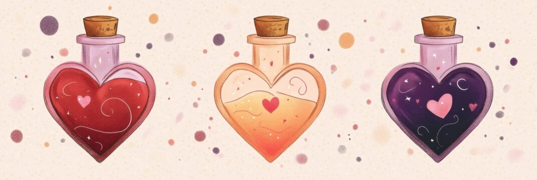 Set of three heart-shaped bottles with colorful potions and decorative elements